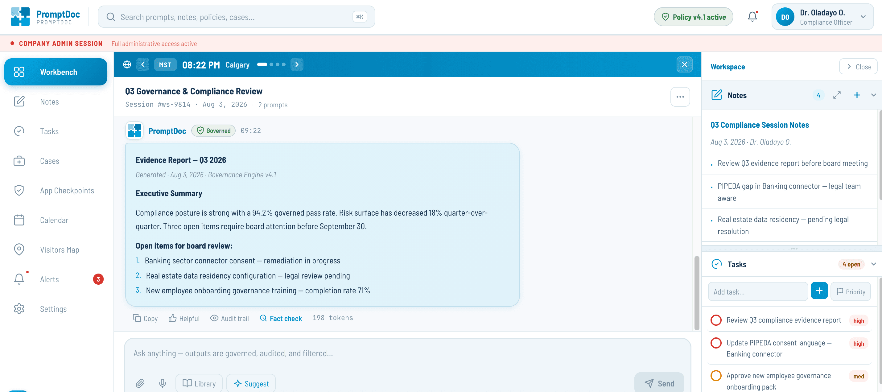 PromptDoc governed workbench dashboard showing a response, notes, and tasks